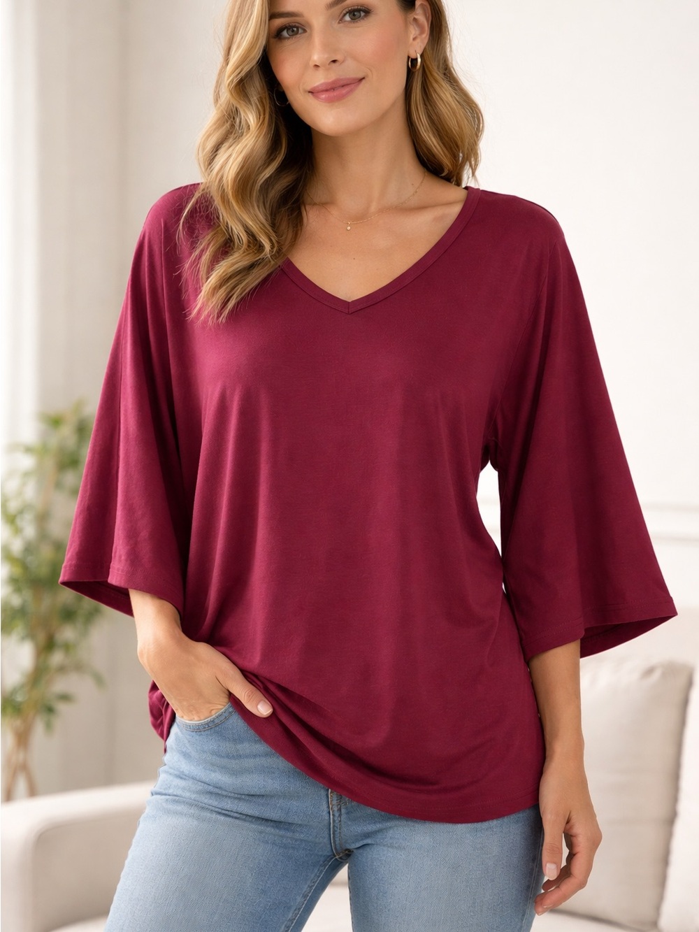 SHEIN V-Neck Short Sleeve Tee - Wine